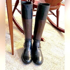 Ivanka Boot Riding Style 2 Tone Blk Brn Leather Embossed Buckle Excellent Cond 7